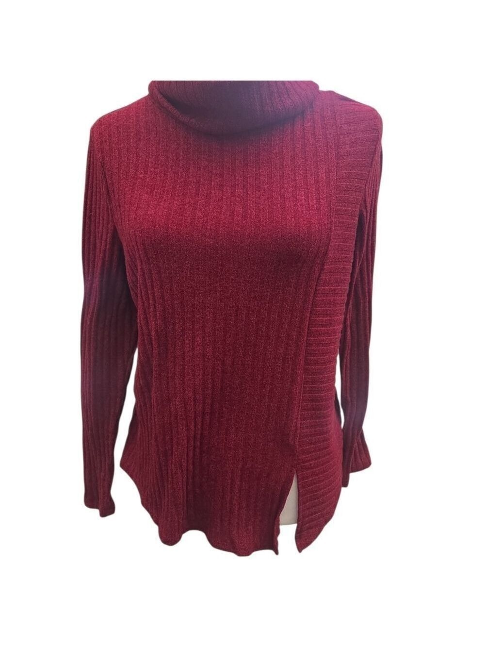Ribbed Turtleneck Sweater in Burgundy Dark Red Lightweight Flattering